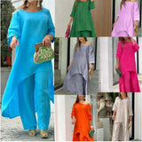 New Women's Cotton And Cotton Fashion Casual Large Code Irregular Long-Sleeved Set Of Wide Leg Pants Two