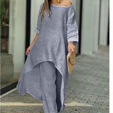 New Women's Cotton And Cotton Fashion Casual Large Code Irregular Long-Sleeved Set Of Wide Leg Pants Two