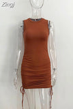 Women Winter 2023 New Y2K Street Casual Office Lady Solid Elastic Skinny Simple Shirring Crew Neck Sleeveless Chic