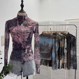 Real Shooting Denim Pattern Dye Printing Retro Babes Thin Mesh T-Shirt High-Necked Long Sleeve Bottom Shirt Top
