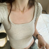 Square Collar Design Small Solid Color T-Shirt Women's Short Sleeves Show Thin Exposed Collarbone Short Style Sweet Hot Style