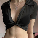 Sexy Thin Spring Perspective Open Fork Design T-Shirt Hottie Short External Mesh Sunscreen