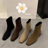And Velvet Han Yen Hop Boots Women 2025 New Autumn And Winter Plus Velvet Thin Boots Velvet Thin Boots Square Head Zipper Short