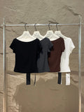 Xixi 2025 Autumn Black Standard Temperament Boat Collar Body-Bottomed Knitted Short-Sleeved T-Shirt For Women