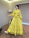 Retro Elegant Lace Splicing Strap To The Waist Lantern Sleeve Dress Female Thin Temperament Court Style