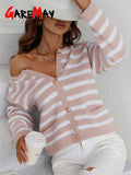 Women's Knitted Cardigan with Buttons Up Slim Short Soft Casual Coat V Neck Balck Striped Print Warm Cardigan Female