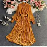 Shirt Collar Wave Dot Dress Spring And Autumn New Gentle Wind Temperament To Close The Waist Of The Big Folded Fork