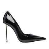 Women's Black Patent Leather Gold Fine Heel 2025 Spring New Famous Women's Shoes Shallow Tip Small Single