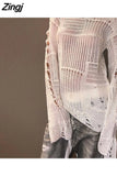 Vintage White Ripped Hole Grunge Sweater Women Casual Loose Jumper Solid Long Pullovers Knitted Hollow Out