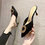 Women Wear Half-Slippers Women 2025 New French Water Drill High Heels Thin Heel Head Cool Drag