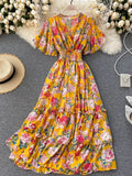 Women Floral Printed Long Dress Sexy V-Neck Short Sleeve High Waist Ruffle Beach Vacation Vestidos Female Maxi Robe