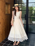 Xixi 13 Line 2025 Summer New Elegant Temperament Pure Color High Waist Lace Dress Dress Women