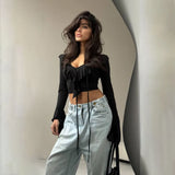 2025 New Solid-Colored Lotus Side Knitted Shirt Women's Short Sexy Hot Girl Fashion V Collar