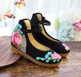 Zingj Shoes, Single Shoes, Peony Folding Fan Ancient Wind Embroidered Cloth Shoes, A Word Buckle Retro Slope Heel