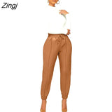 Drawstring PU Leather Joggers Pants Women Harem Trousers Solid Color High Waist Slim Long Pants Elegant Lady