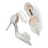 Shoes Women's Pearl Straps High-End Squint Crystal Shoes Silver French High Heels High Heels Do Not Tired Wedding