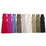 2025 New Fashion Round Collar Sleeveless Black Silk Satin Texture Dress Women