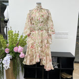 French Gentle Print Collar Lantern Sleeve Single Buckle Lotus Side Waist Dress With Belt