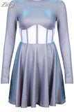 Fashion Chic Bling Glitter Long Sleeve Club Party Dress Mini Backless Hollow Out Sexy Dress Women Autumn Pleated