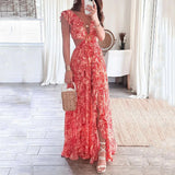 Zingj 2023 New Summer Fashion Print Lace Pleated Sleeve Dress-Outfit