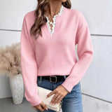 2025 New Fashion Lace V-Neck Sweater Solid Color Loose Long-Sleeved Knitwear