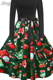 Women Christmas Dress Vintage Robe Swing Elegant Party Xmas Long Sleeve Casual Print Black New Year