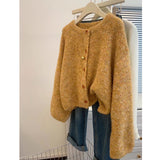 Yellow Sweater Women's Round-Neck Knitted Open Shirt Jacket Women's Autumn 2025 New Loose Age Reduction