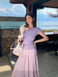 Xixi 13 Line 2025 Summer New Temperament Collar Tie With Bottom Knitted Short-Sleeved T-Shirt Women's Top