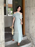 Xixi 2025 Summer New French Temperament Flax High Waist Dress Elegant Holiday Dress