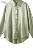 Fashion Button Up Satin Silk Shirt Vintage Blouse Casual Loose Button Up Down Shirts Tops Lady Long Sleeve Female