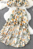Bohemian Floral Printed Sets Women Sexy Slash Neck Short Tops + High Waist Ruffle Irregular Skirt Suit Female New