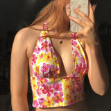 Y2K Bohemian Floral Print Crop Top Summer Beach Style Sexy V-neck Backless Halter Cami Top Women Aesthetic Streetwear 211-1-Outfit