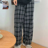 Women New Fashion Black Plaid Retro Harajuku Students Streetwear Full Length Wide Leg Trouser Chic Popular Hot Sale