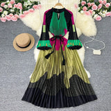 Zingj Luxury Retro French Round Collar Lantern Long Sleeve Print Dress Women's Belt With Loose Waist Show Thin Pleated