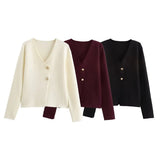 Women's Clothing Pure Color V-Neck Gold Buckle Decorated Long-Sleeved Knitted Shirt