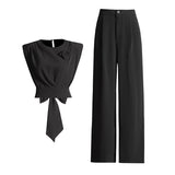 Commuter Style Formal Sense Suit 2025 Autumn New Round Collar Bow Splicing Jacket Waist Trousers