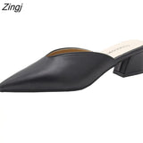 Summer Fashion Women Pointed Toe Slipper Nude White Square Low Heels Outsides Ladies Slides Luxury Brand Beach Mules