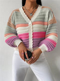R-Shirt 2025 Autumn And Winter Sweater Coat Women's Rainbow Striped Lantern
