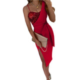 New Women's Dress Solid Color Sexy Beads Open Skirt Belt One-Shoulder Evening Dress Night Dress Night