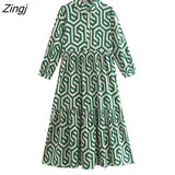 New Women Vintage Geometric Print Pleats Casual Slim Midi Shirt Dress Female Chic Pleats Ruffles A Line Vestido