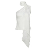 Zingj Summer Women's Lace Ribbon Stitching Hollow Out Asymmetrical Slim Small Vest-Outfit