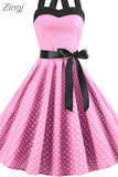 Halter Party Dress Retro Polka Dot Hepburn Vintage 50s 60s Pin Up Rockabilly Dresses Robe Elegant Midi