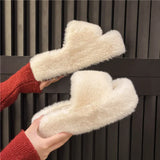 Base Simple Hairy Slippers Women Wear 2025 Autumn And Winter New Korean Version Of Home Toe A Word Wool Cotton