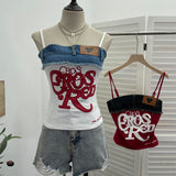 Design-Sensitive Edge Denim Spliced Letter Embroidered Sling Sling Vest T-Girls Short Top