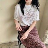 Zingj New 2024 Summer Ins Retro Loose Versatile Line Print Short-Sleeved T-Shirt For Women With A Round Collar Bottom Shirt