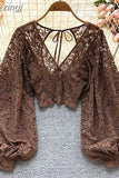 Black/White/Brown Sexy Lace Blouse Women Elegant V-Neck Puff Long Sleeve Open Back Short Tops Female Party Blusas
