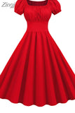 Women Dress Sexy Puff Sleeve Casual Vintage Pin Up Party Dress Solid Elegant Midi