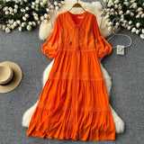 Retro Court Style Dress Women's Summer New High-End Temperament Splicing Lace Embroidered Long-Sleeved