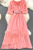 Vintage Women Irregular Pleated Dress Elegant V-Neck Ruffle Short Puff Sleeve High Waist Draped Midi Robe With Belt