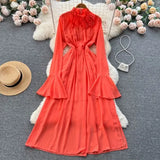 Vintage Purple/Green/Orange Long Dress Women Elegant Stand Collar Flare Sleeve High Waist A-Line Slim Tie Flower